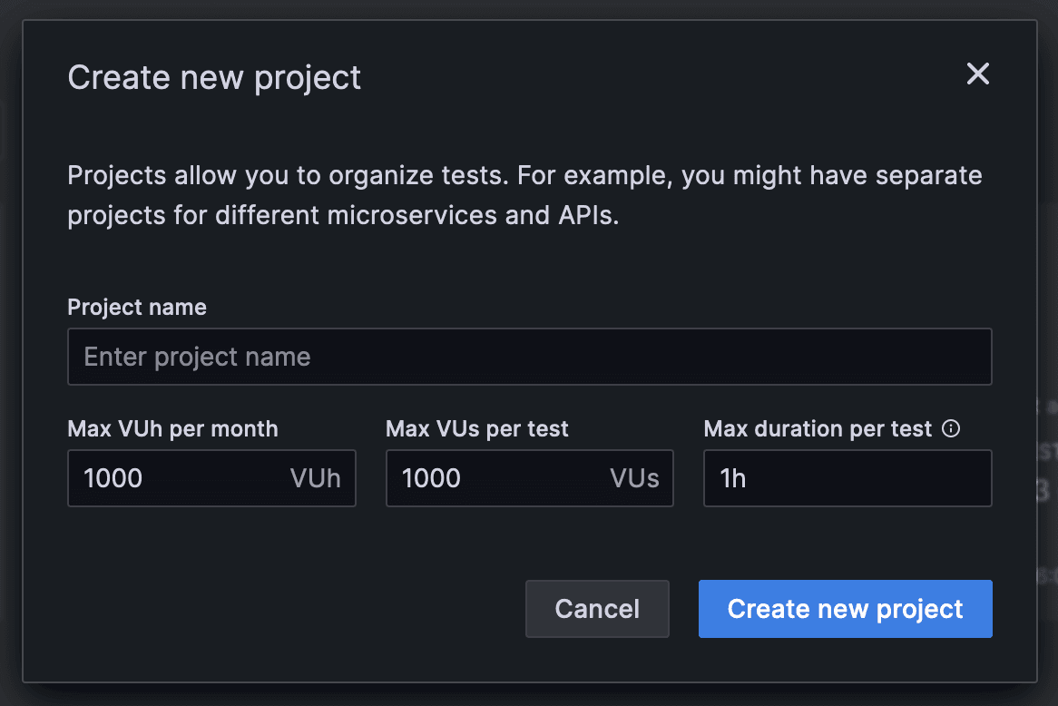A screenshot of setting project limits and quotas in Grafana Cloud k6.