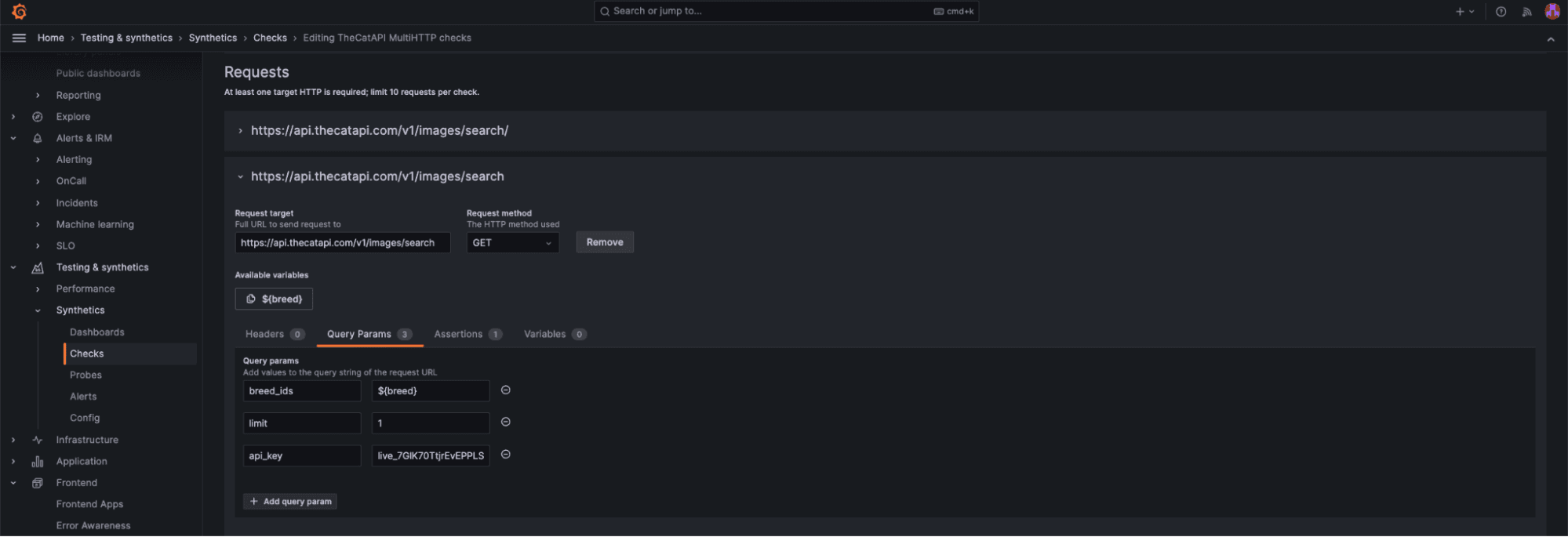 The final screenshot in a series of three showing MultiHTTP checks in Synthetic Monitoring