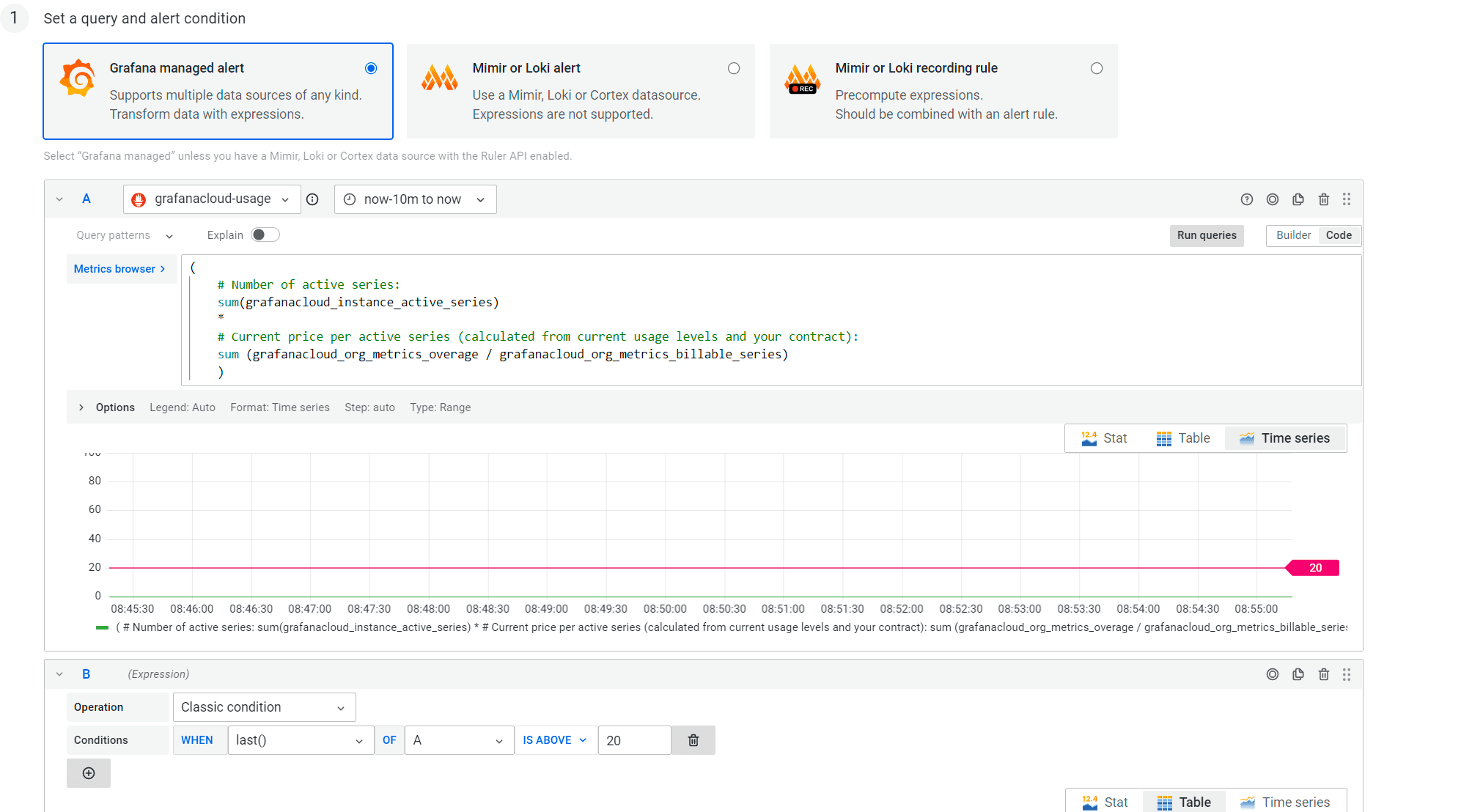 Screenshot of Grafana Cloud UI for setting up alerts.