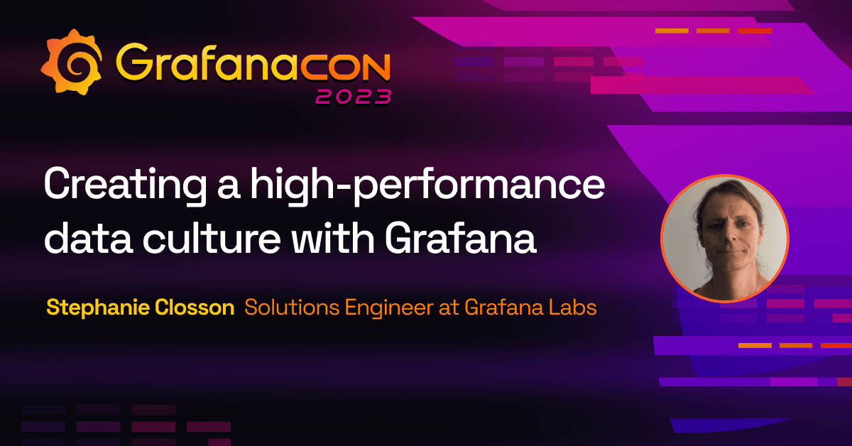 The title card for the GrafanaCON 2023 high-performance data session, including the title of the session, the date and time, and the GrafanaCON 2023 logo.