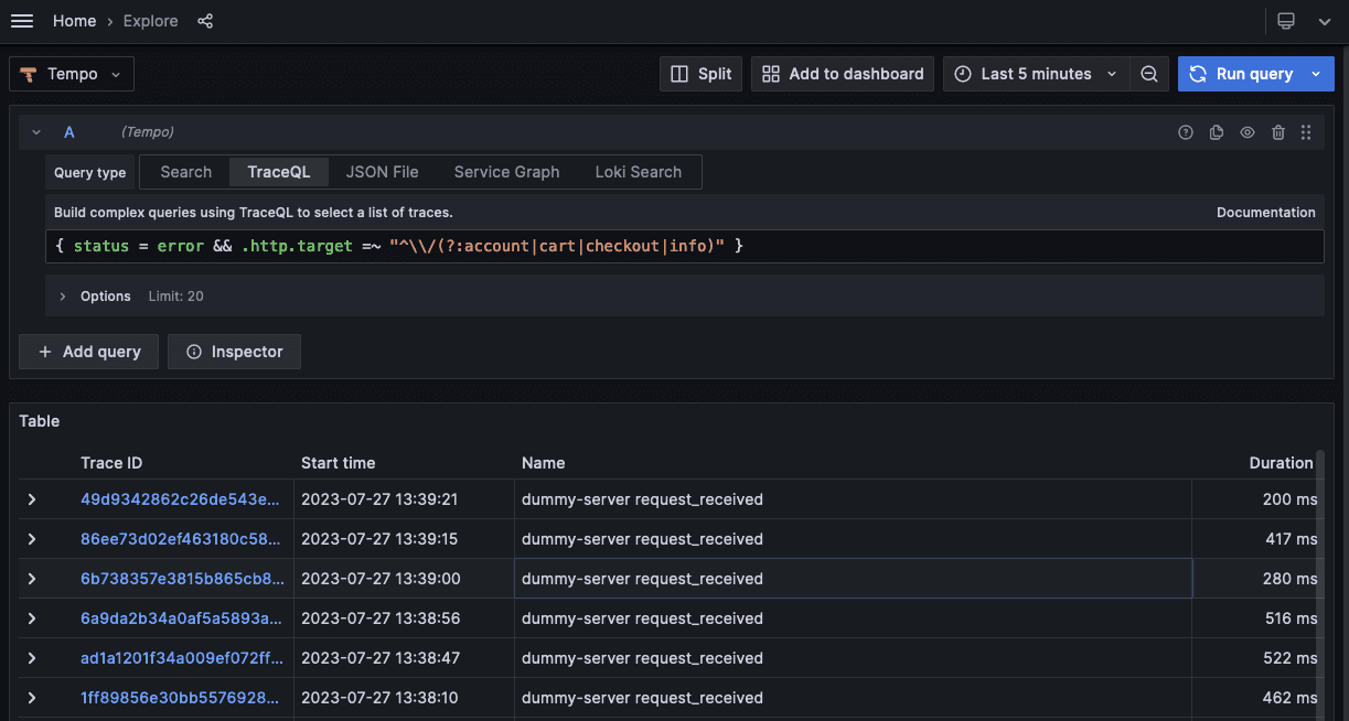 A screenshot of a search for captured traces