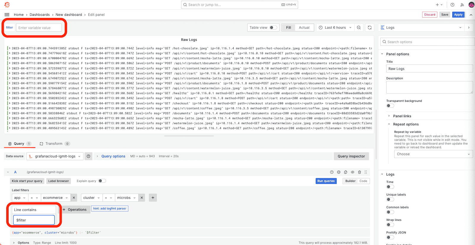A screenshot of a window with the places to enter the variable value and label filters highlighted.