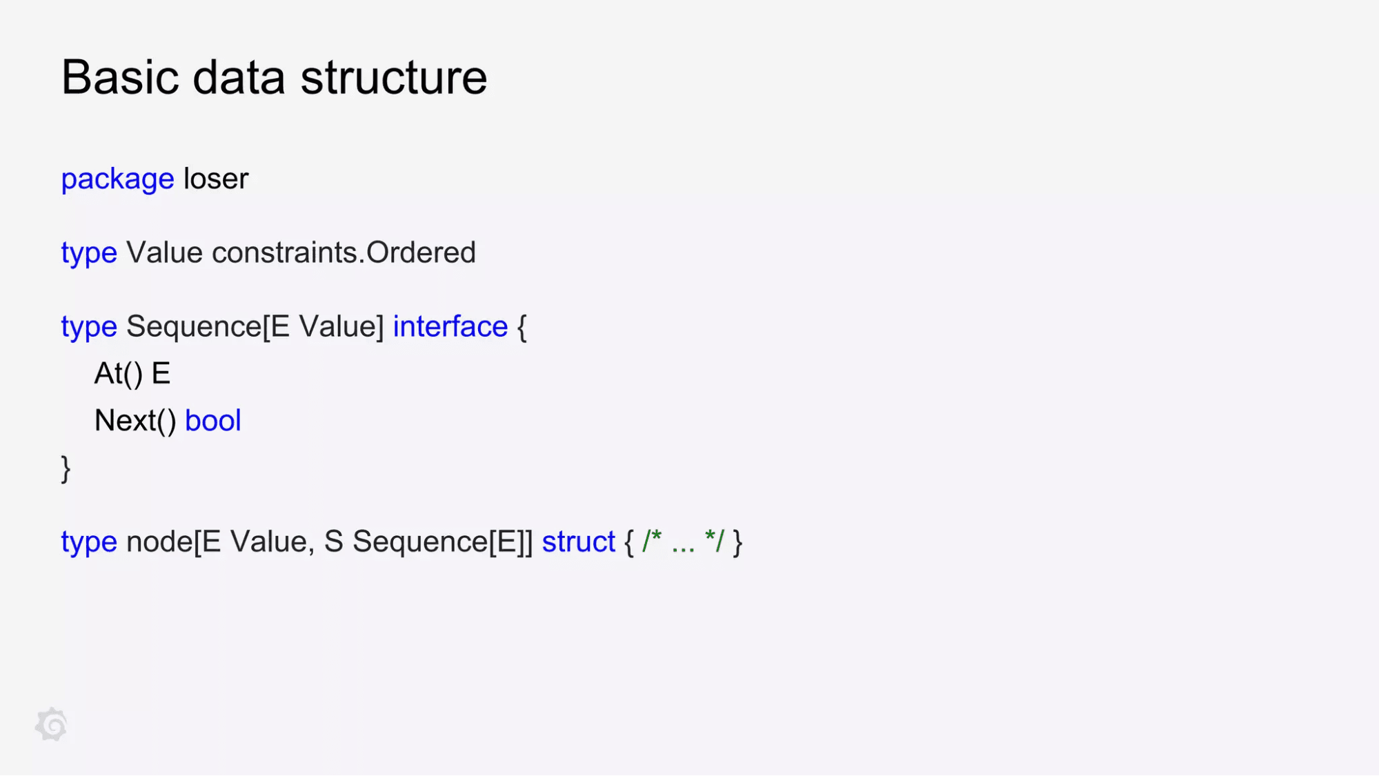 A screenshot showing the basic data structure in Go for a loser tree.