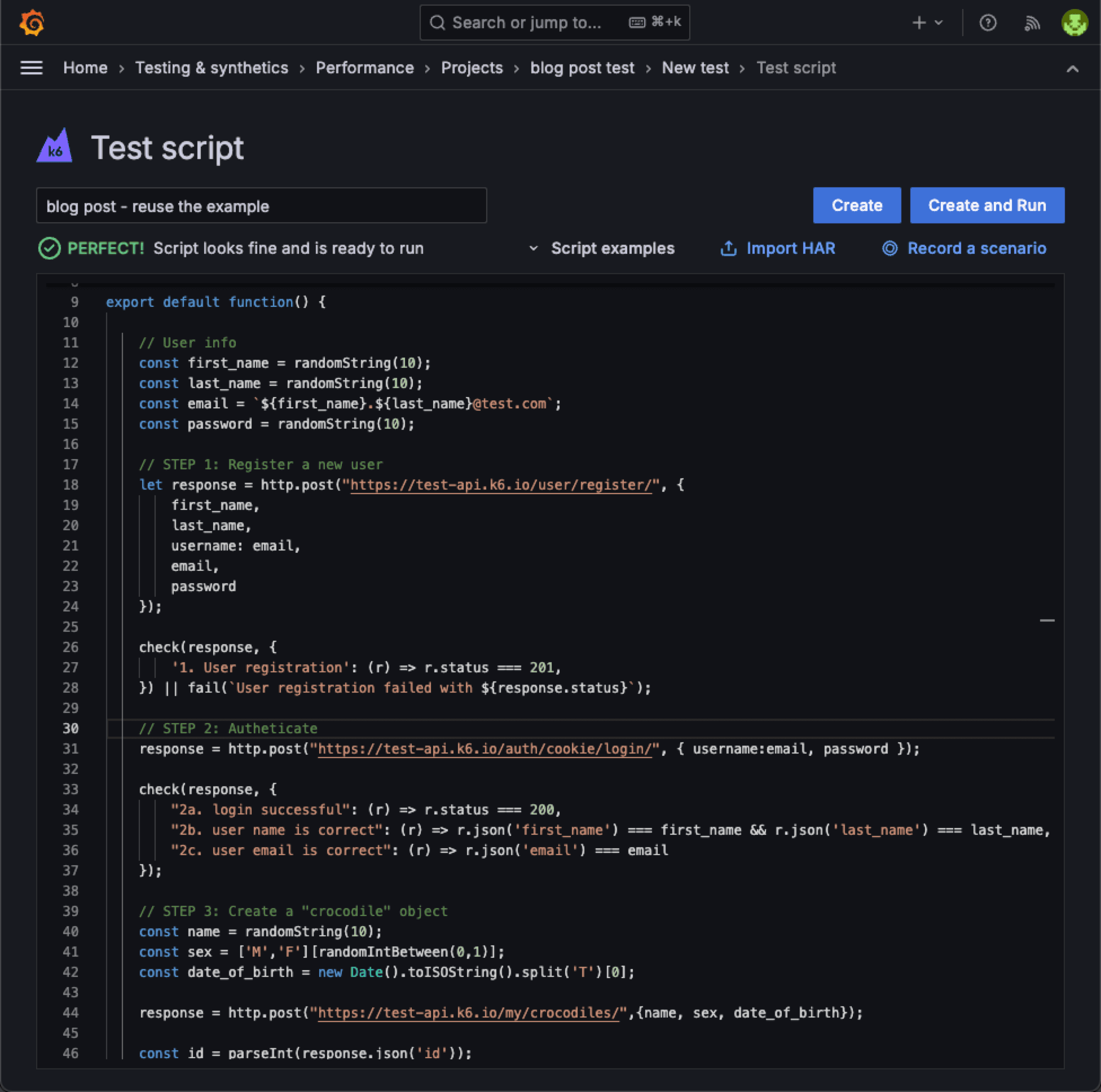 A test script in k6.