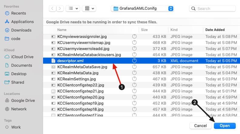 A screenshot of an XML file in a file menu and an arrow pointing at the open button