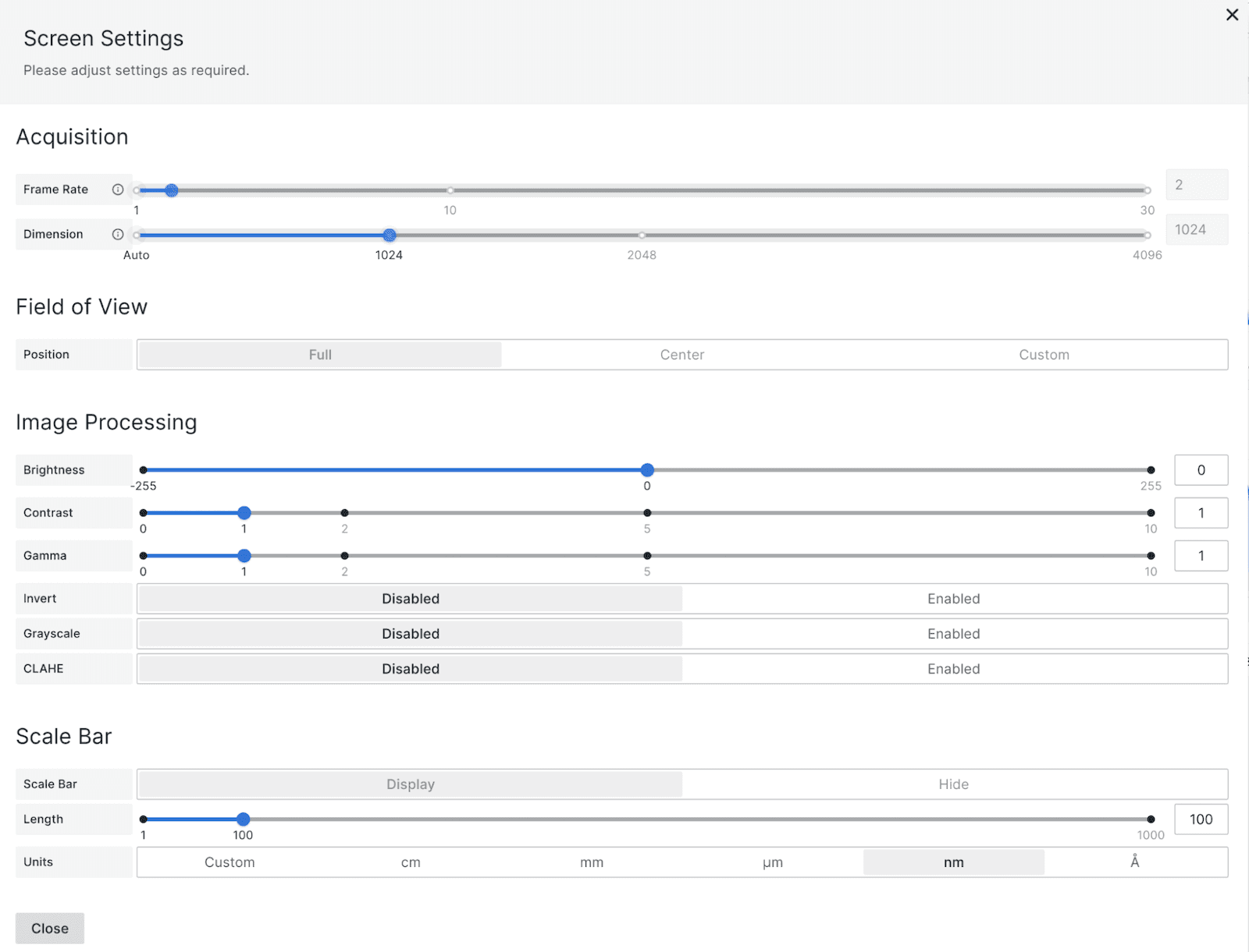 A look at the drawer that slides out from the left of the scientific-focused dashboard for real-time acquisition and image analysis.