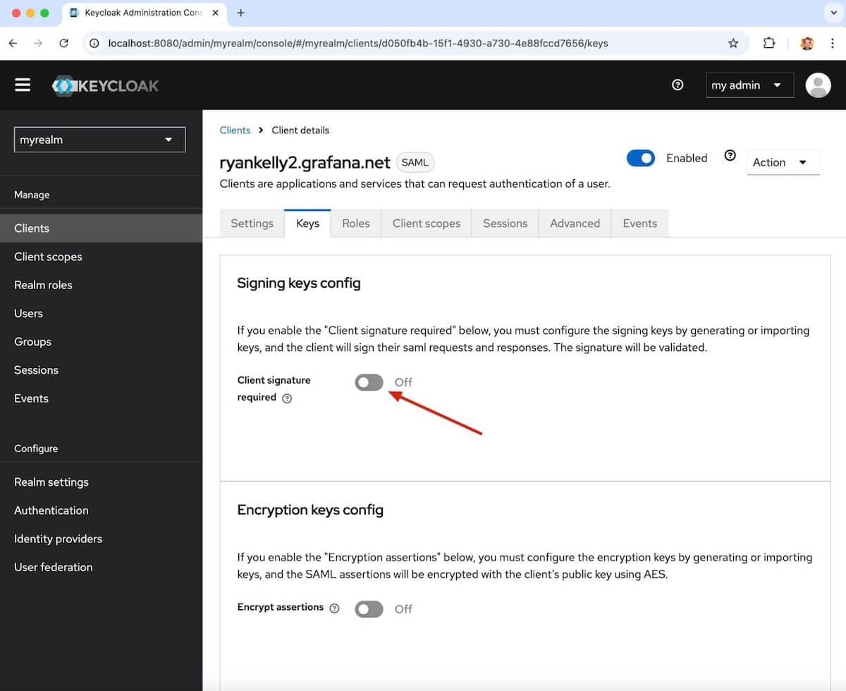 A screenshot of the signing keys config option in Keycloak with an arrow pointing to the off toggle