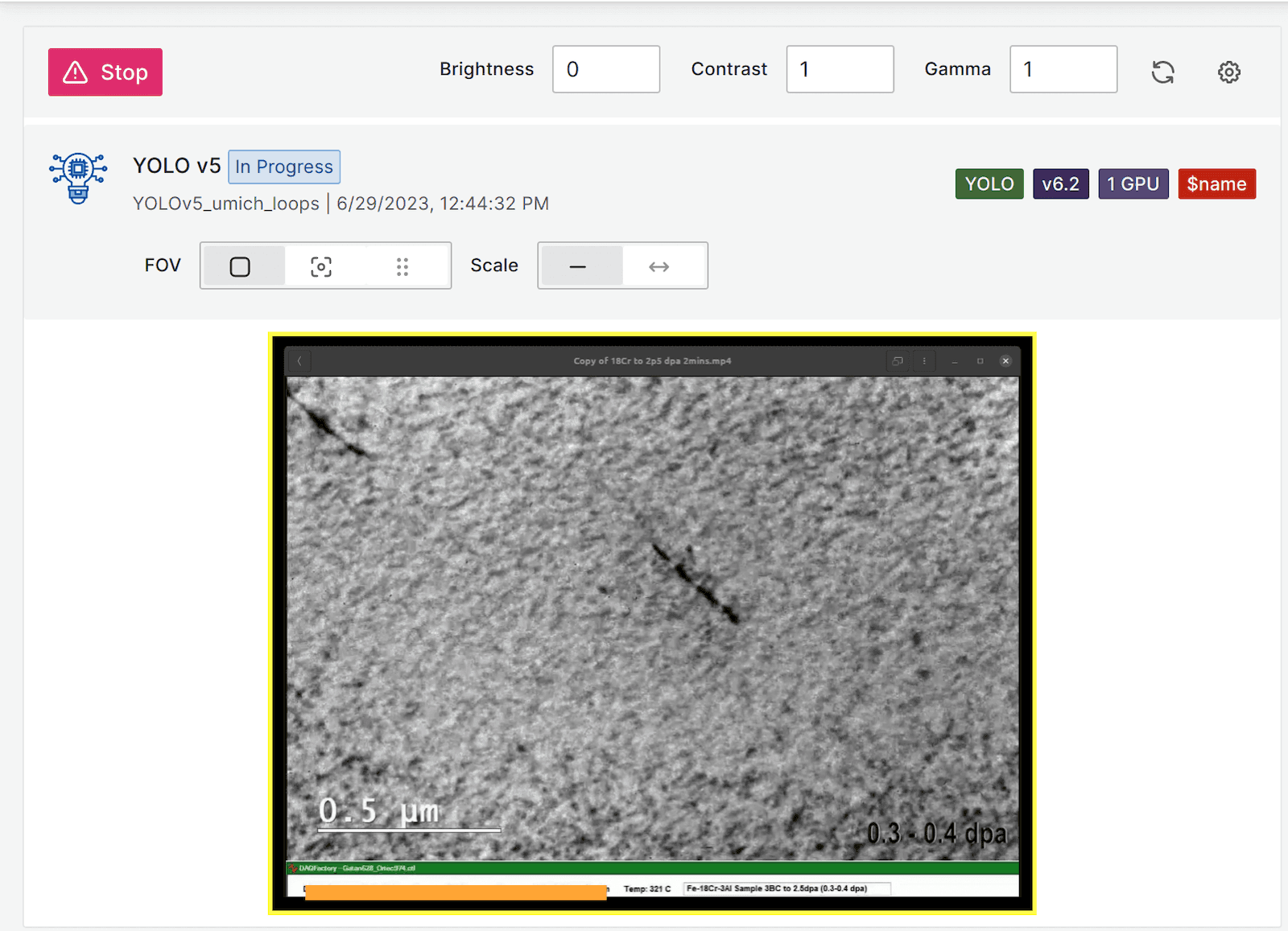 A close-up look at the Acquisition panel in the dashboard used to control the source of images to analyze.
