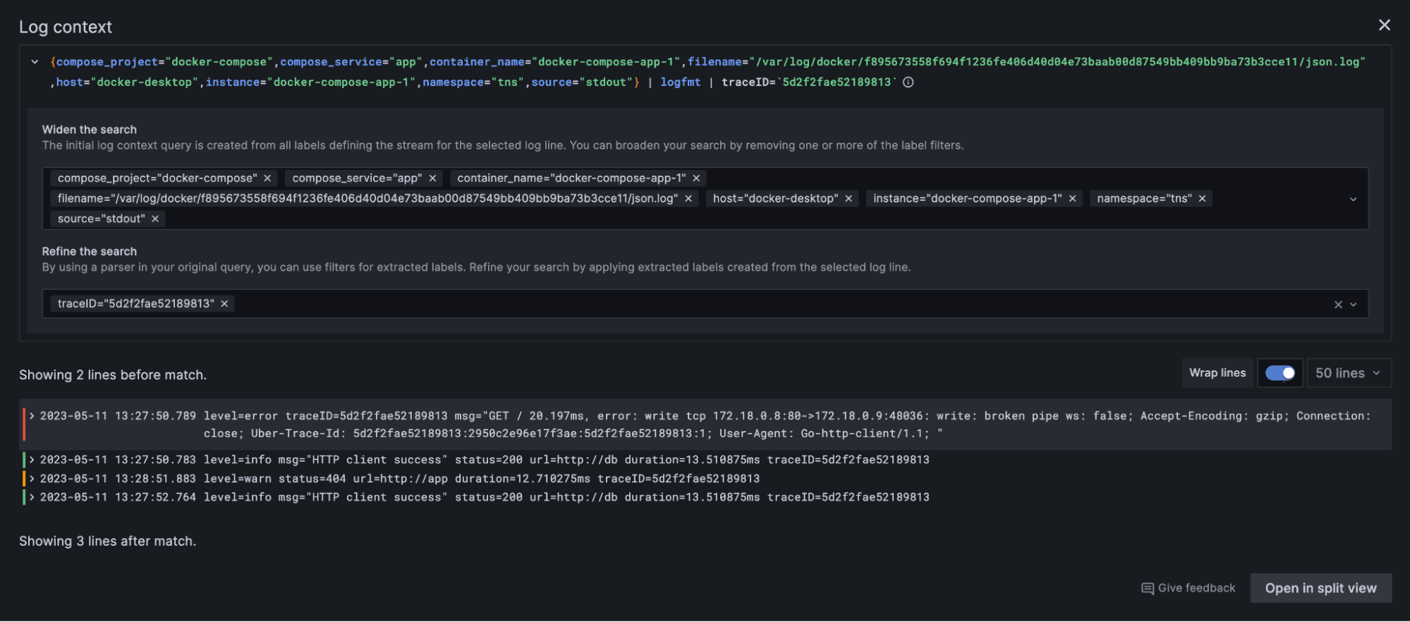 Screenshot of log context query editor in Grafana 10.