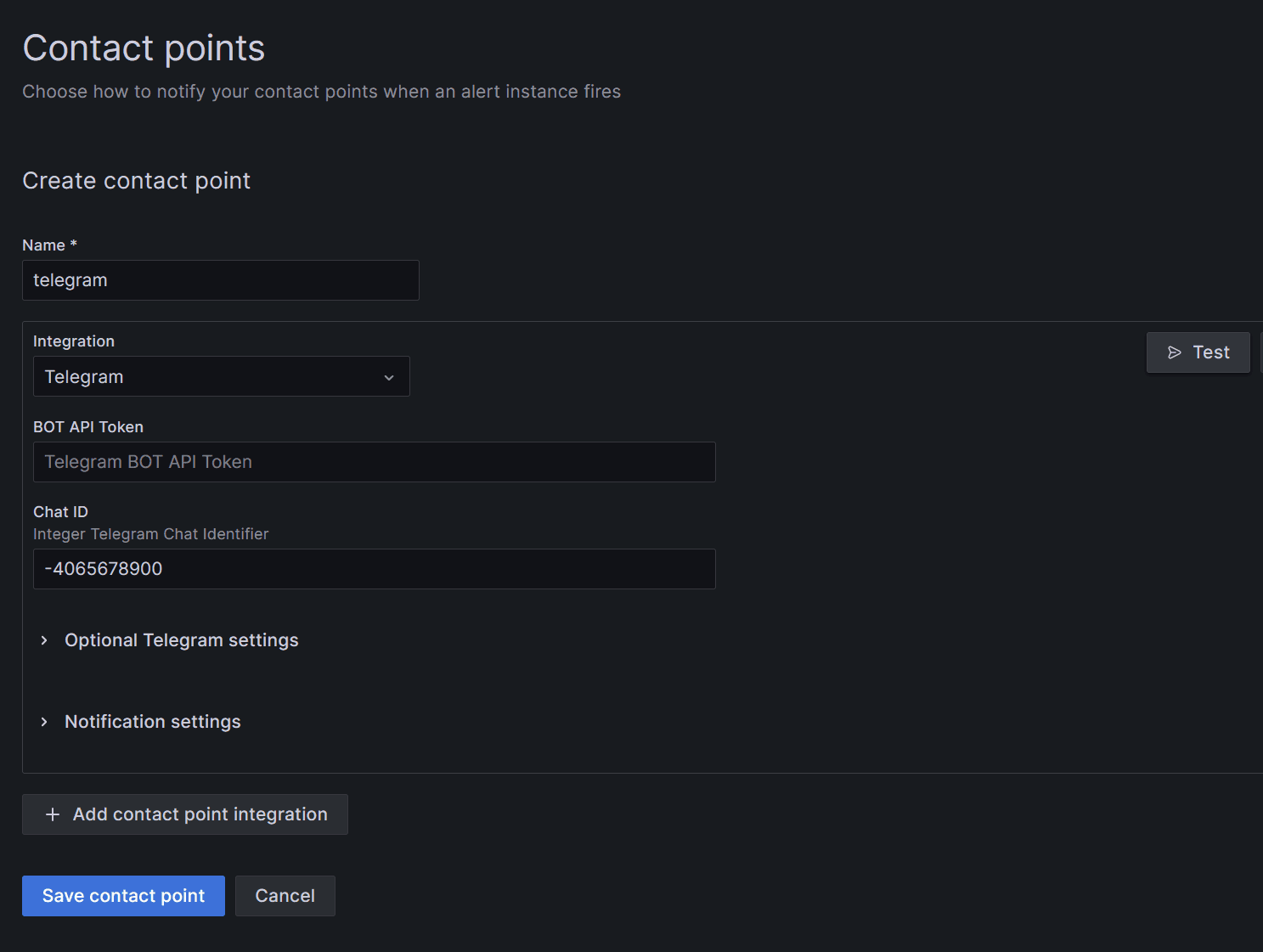 A screenshot showing how to save a new contact point in Grafana Alerting.