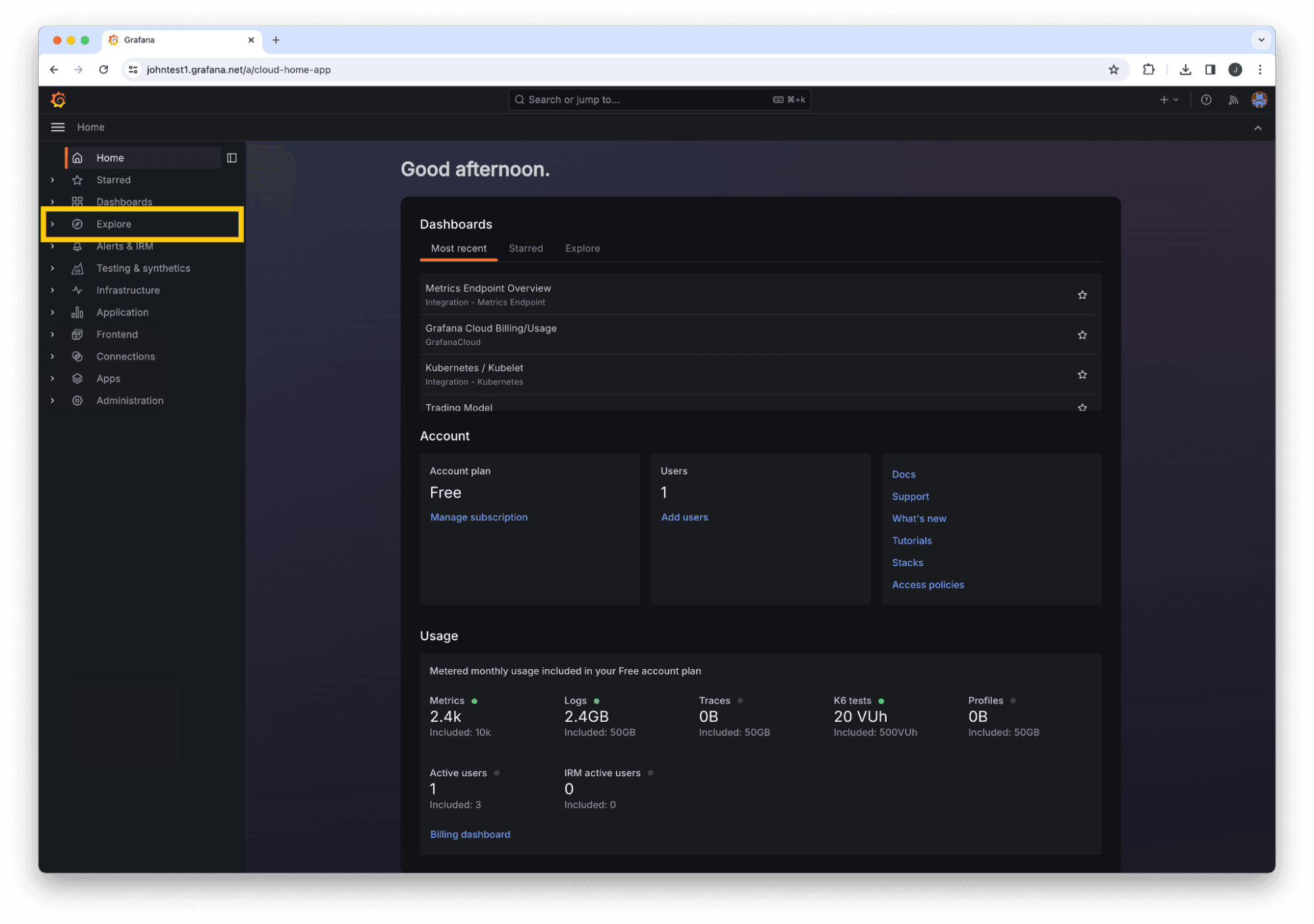 A screenshot of the Explore view in Grafana Cloud.