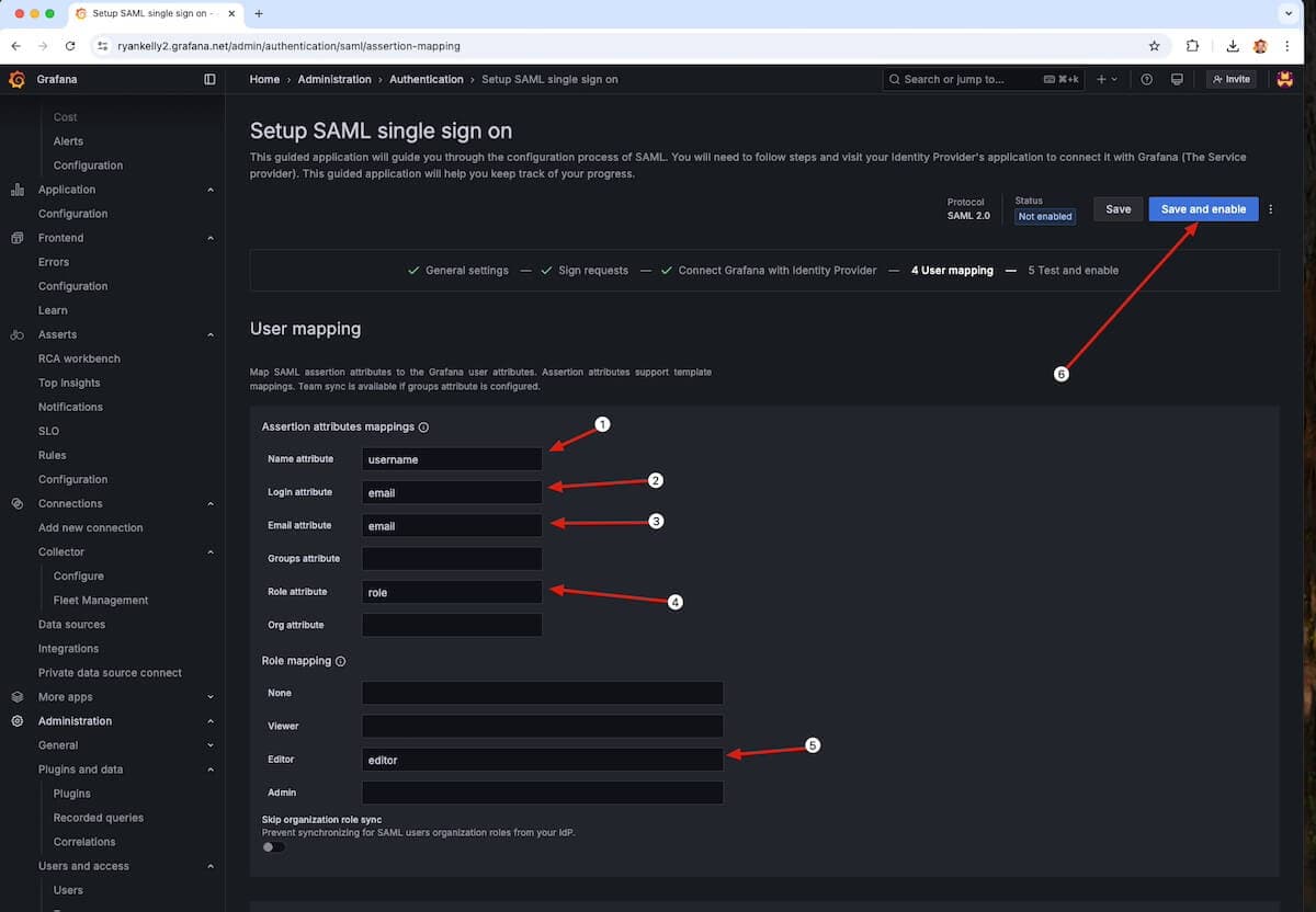 A screenshot of the User mapping page in Grafana Cloud's SAML single sign on setup, with arrows showing boxes to fill in