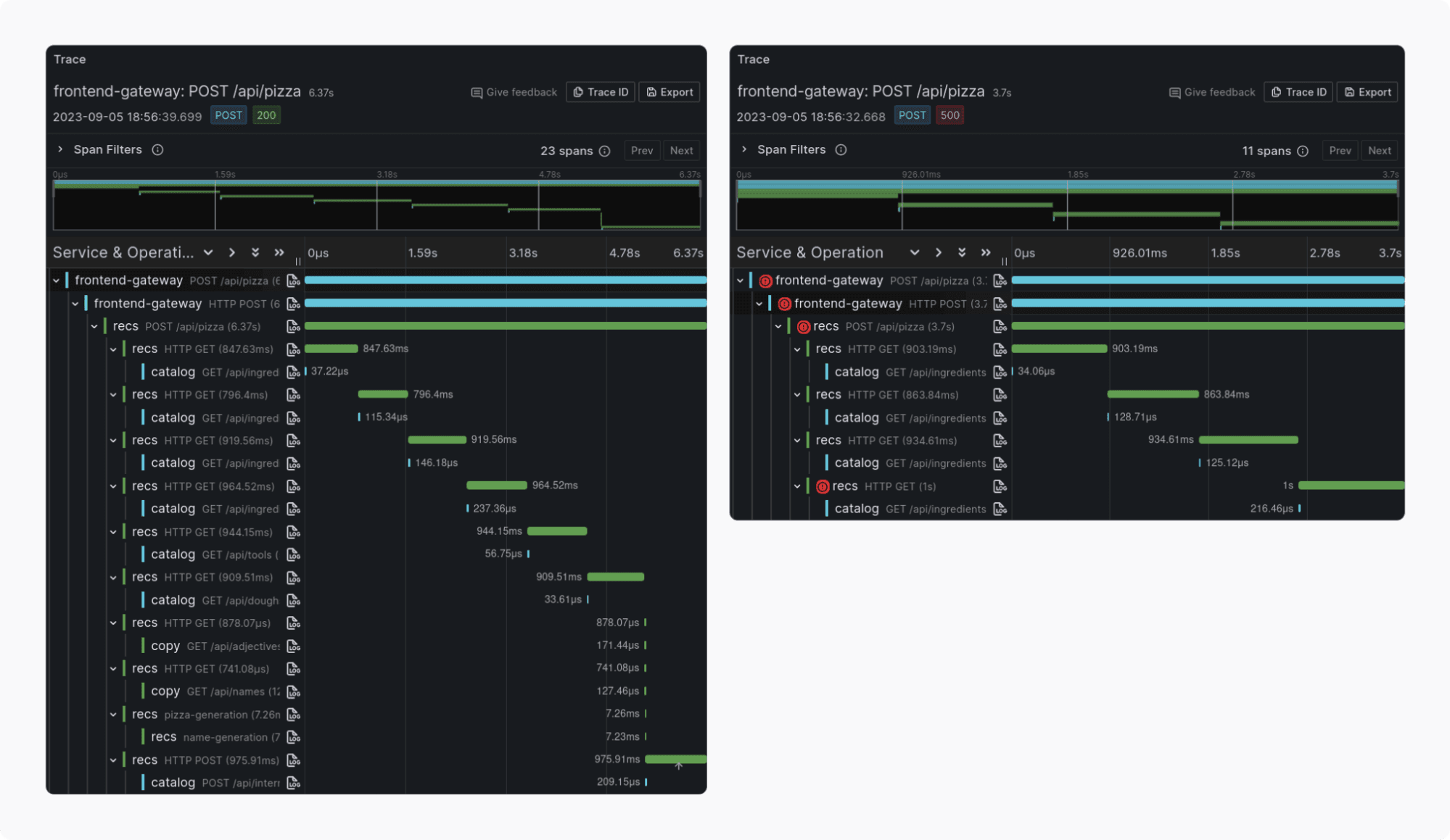 A screenshot of traces in Grafana Tempo.