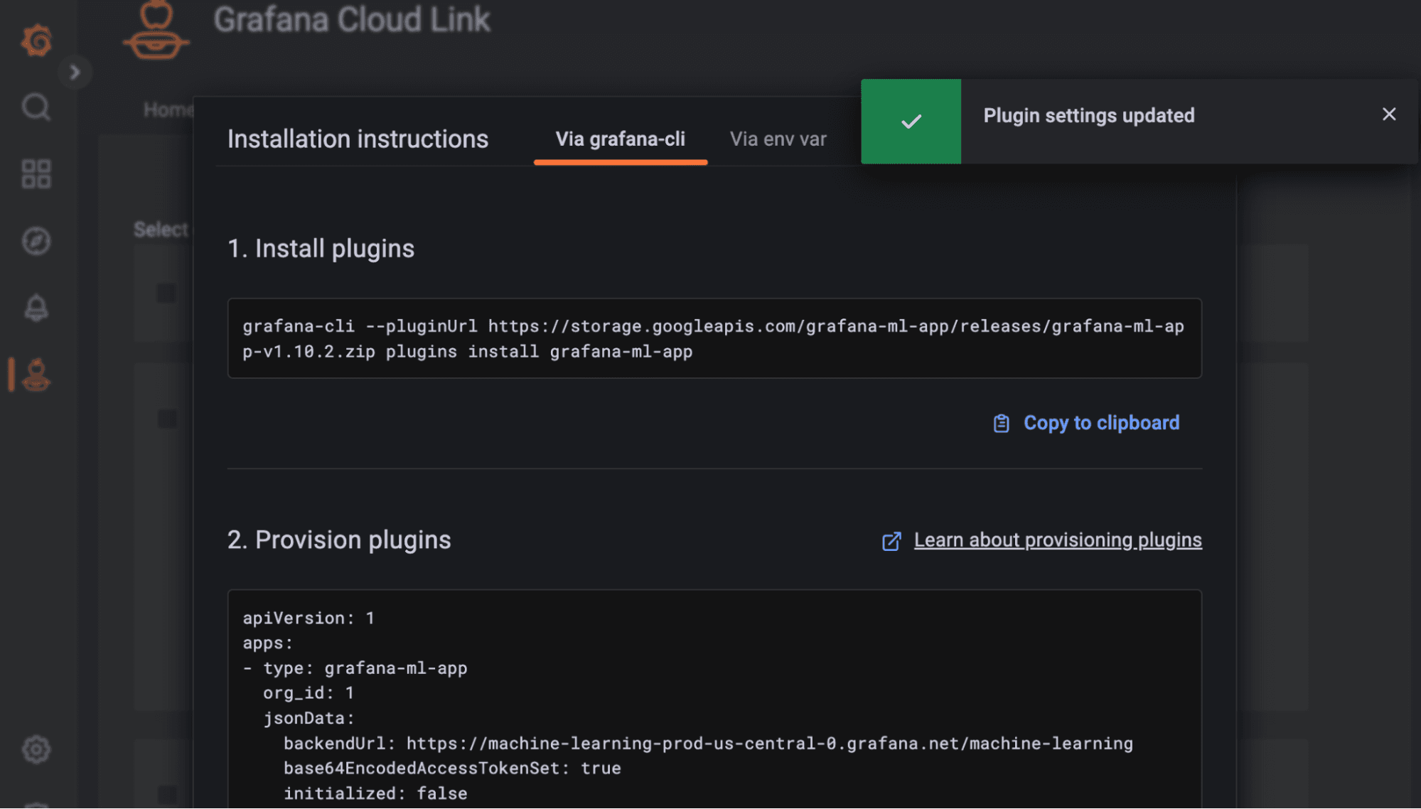Screenshot of installation instructions in Import feature of Grafana Cloud Link.