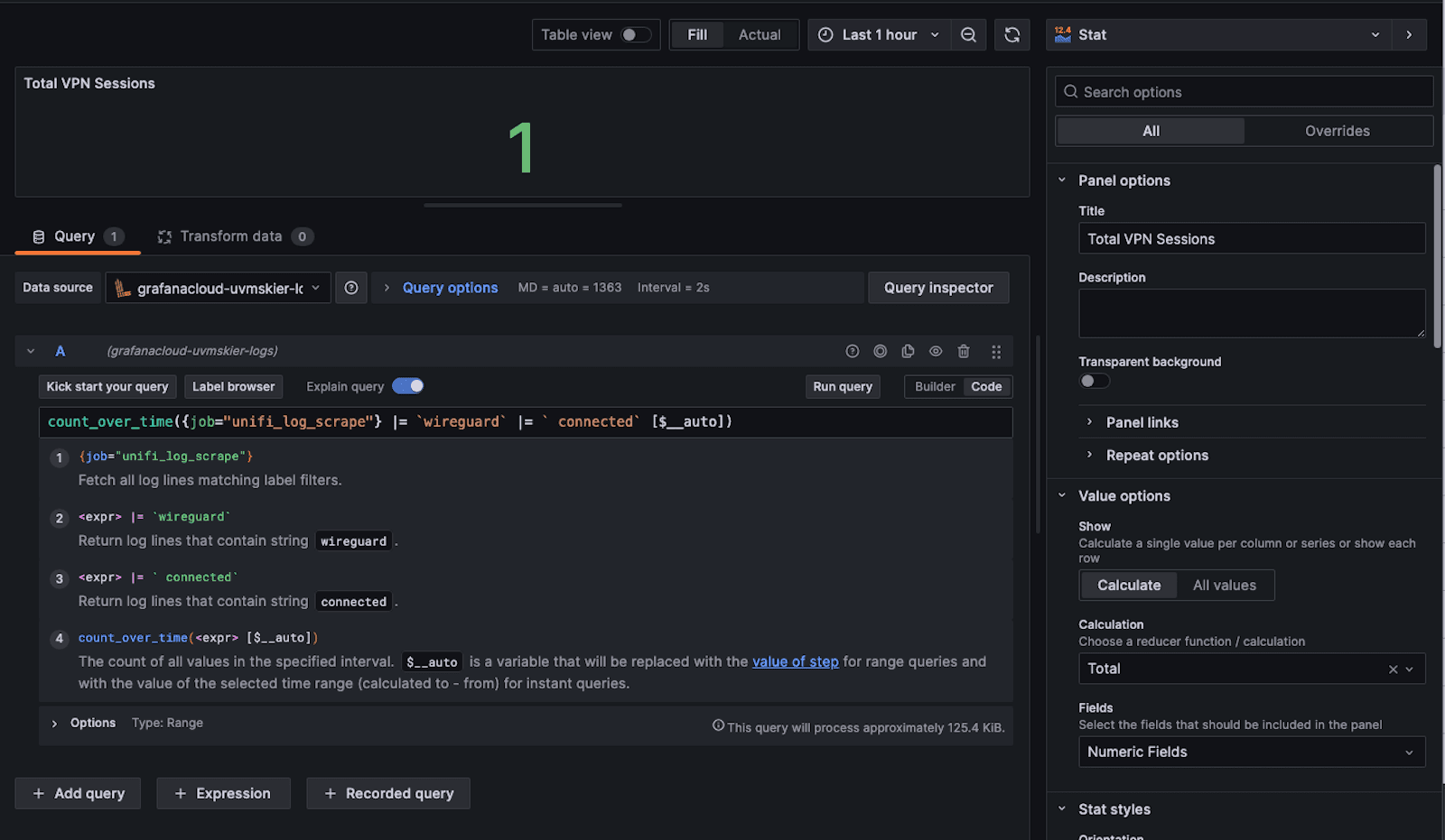 A screenshot showing how to create a stat using the count_over_time function to convert log entries to a number that can appear in a stat panel.