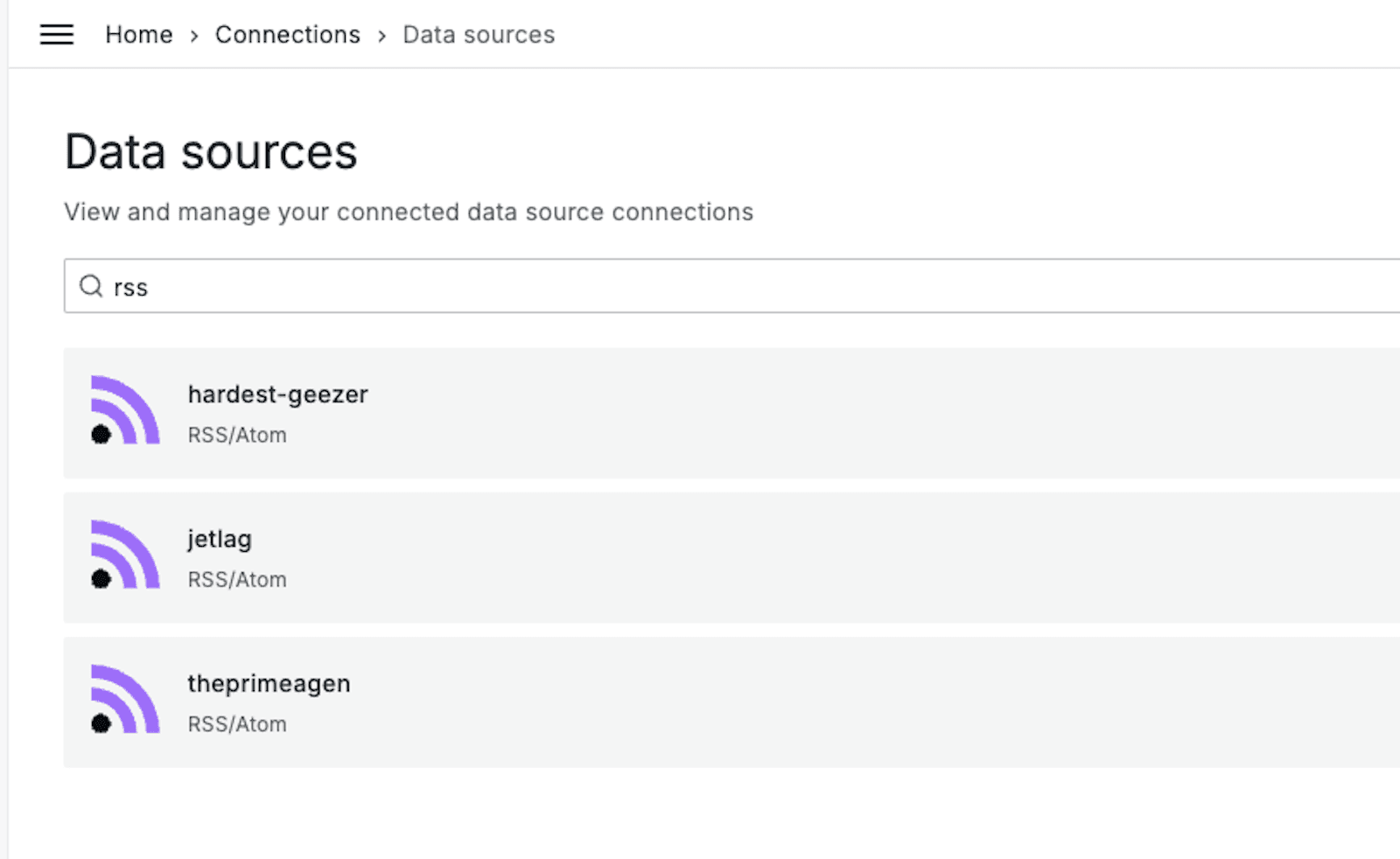 A screenshot showing three RSS data sources in Grafana