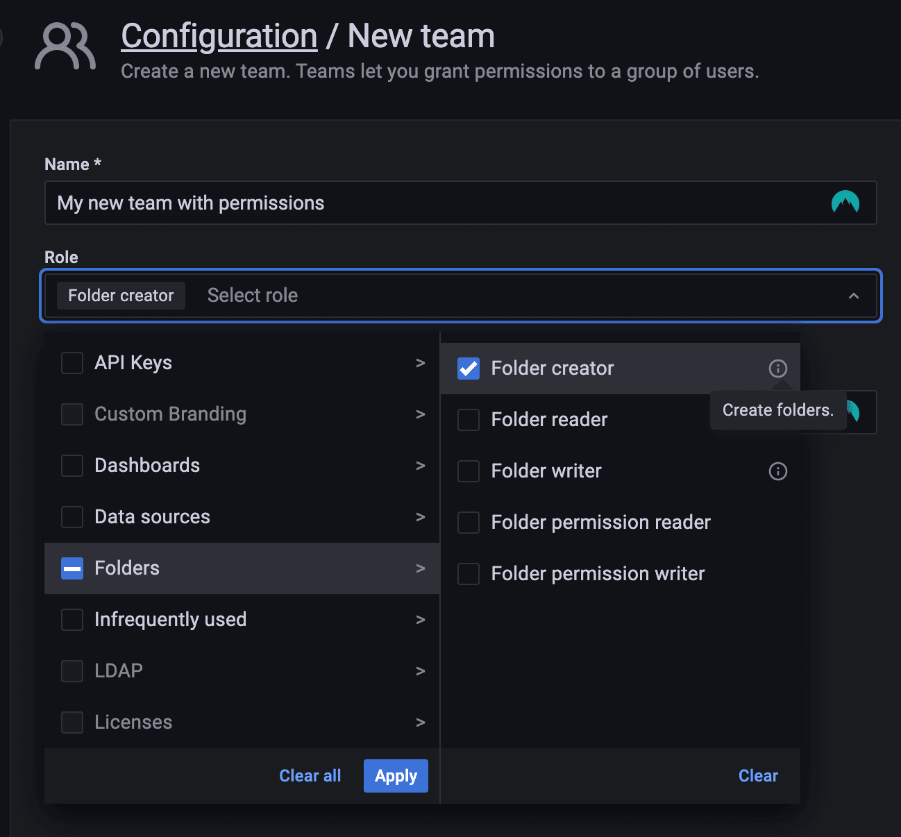 Screenshot of UI for role picker when creating teams in Grafana 9.2.