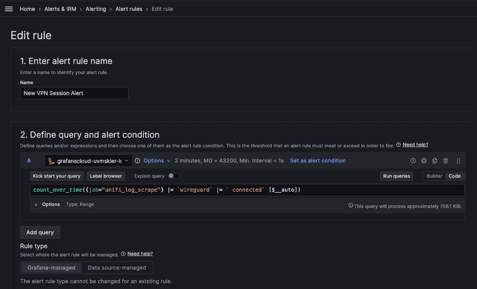 A screenshot of the settings in Grafana Cloud where a user follows steps to set up a new alert rule.