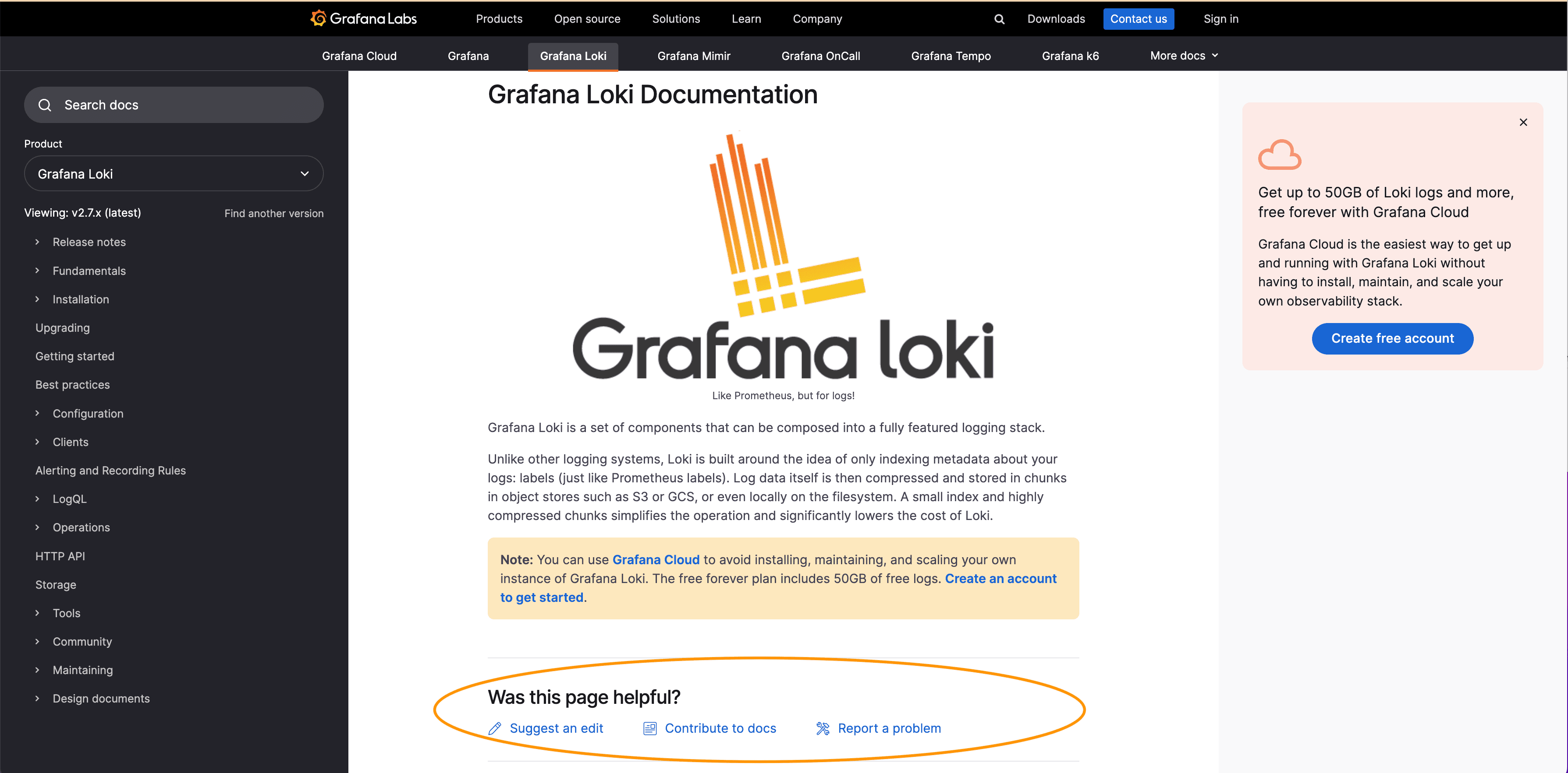 Screenshot of Grafana documentation with feedback feature highlighted.