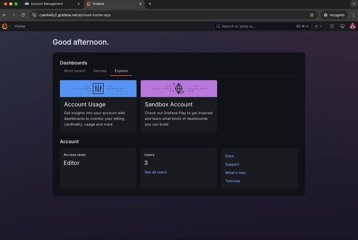 A screenshot of a Grafana Cloud homepage showing Access level is Editor