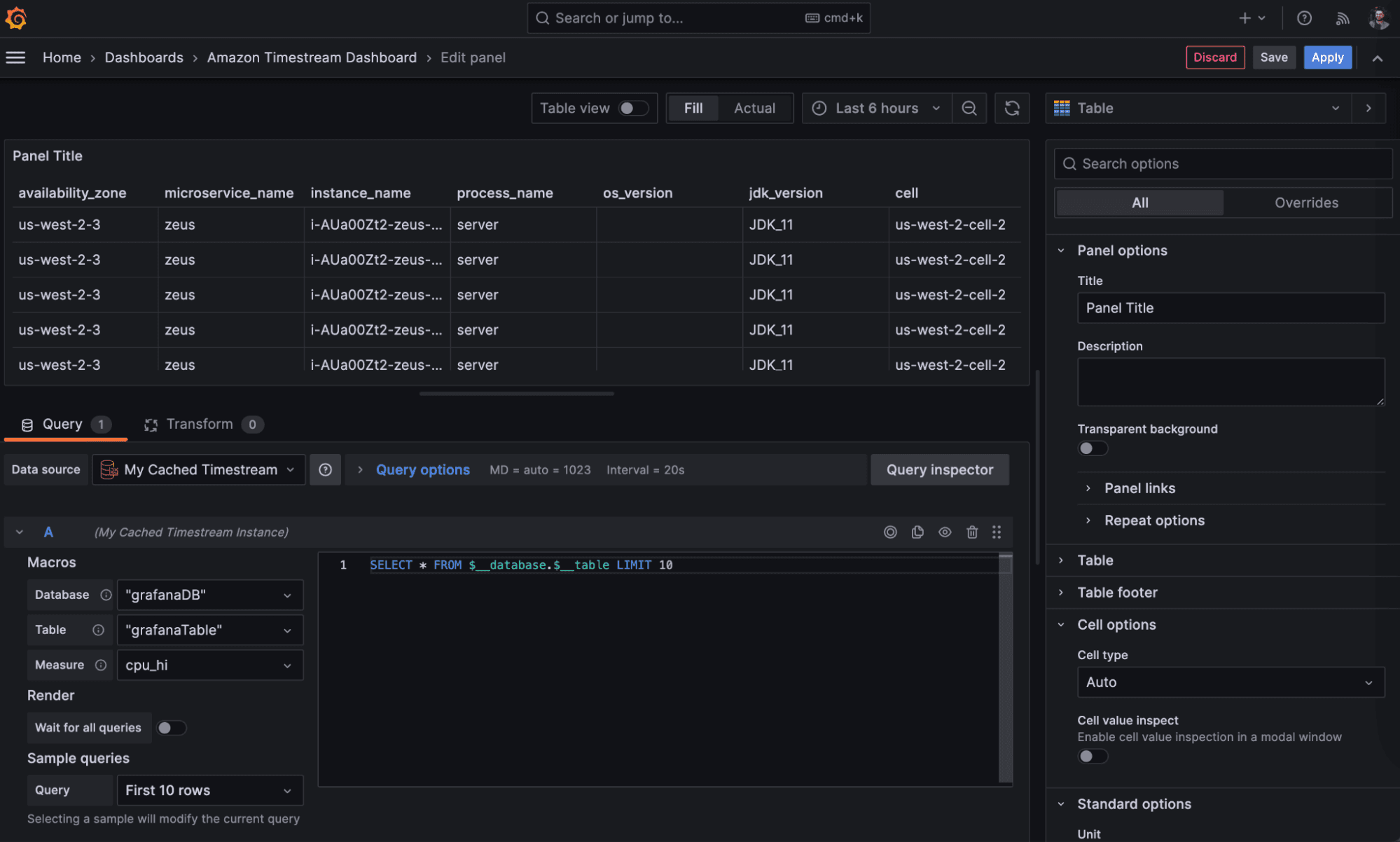 Screenshot of Grafana UI to create a visualization for AWS Timestream data.