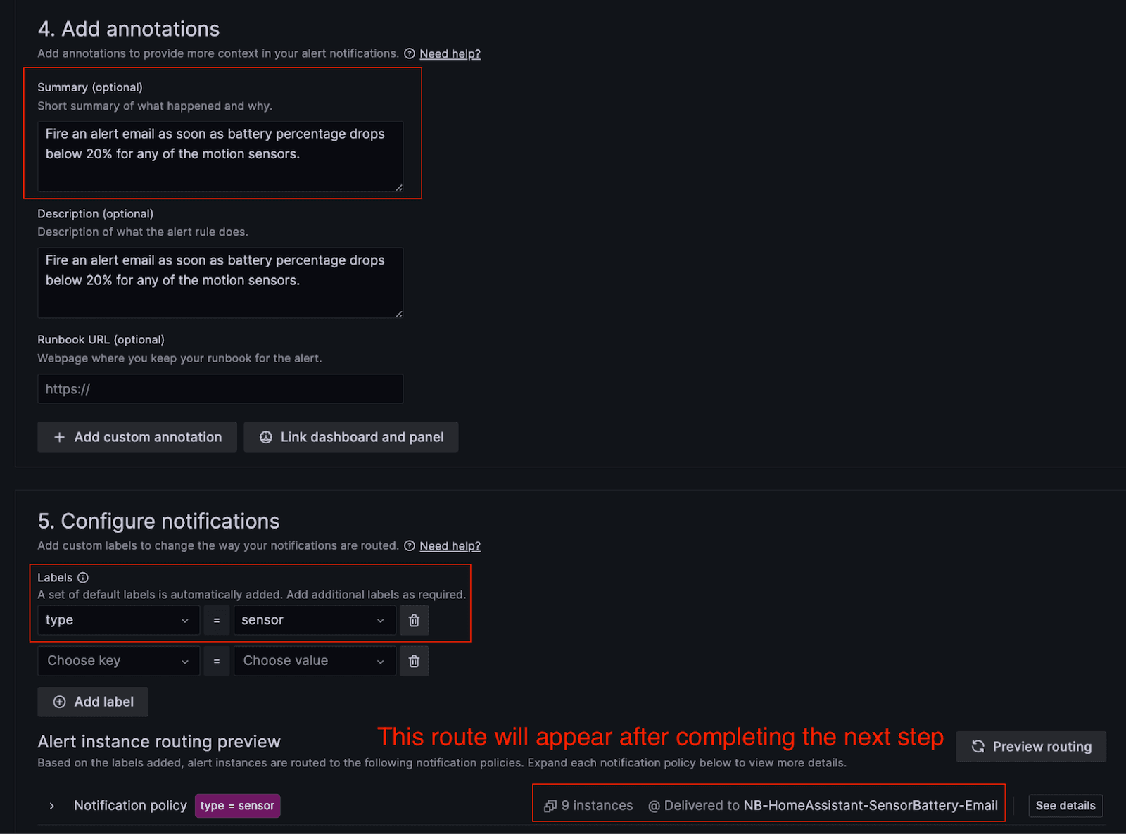 A screenshot of a settings page for adding annotations and configuring notifications.