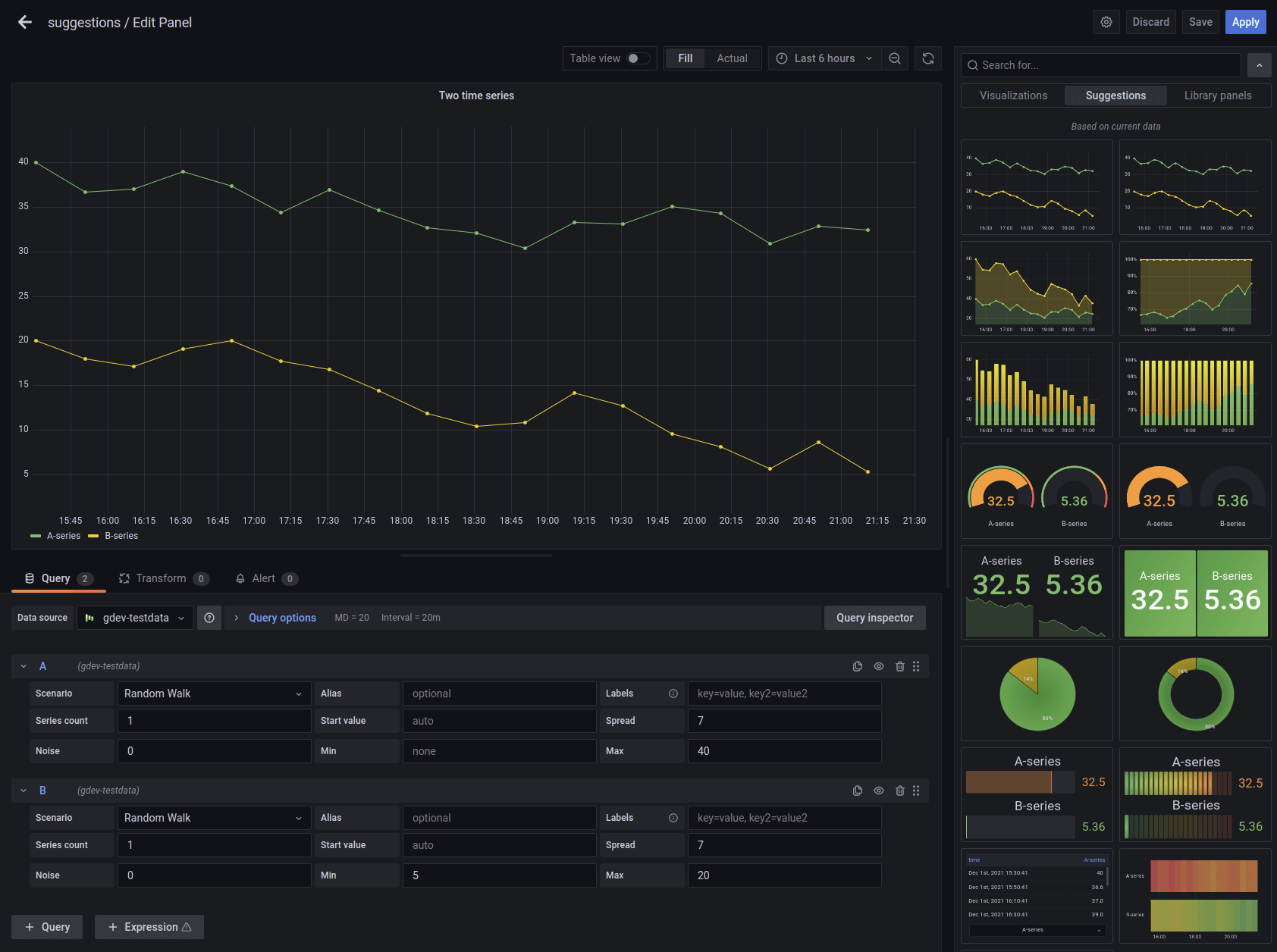 Screenshot of how visualization suggestions work in the Grafana UI.