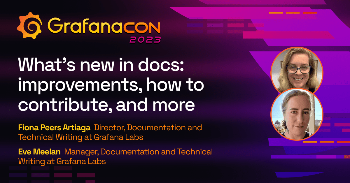 The title card for the GrafanaCON 2023 docs session, including the title of the session, the date and time, and the GrafanaCON 2023 logo.