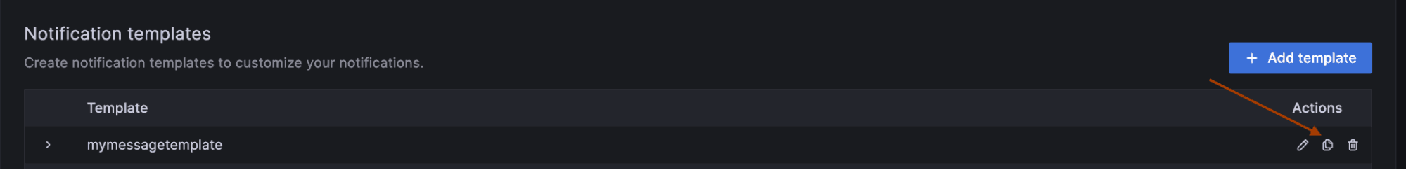 Screenshot with arrow highlighting button for copying existing alert rule templates