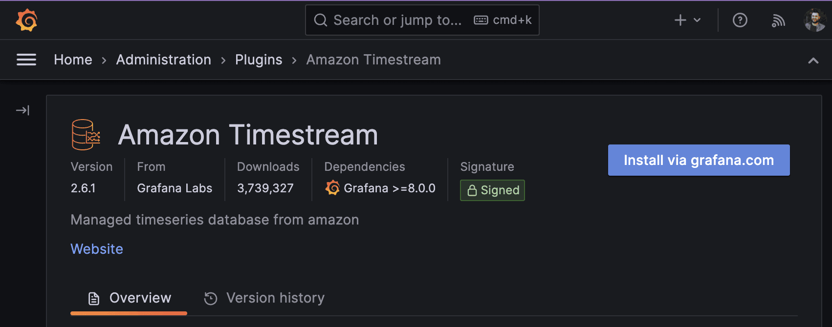 Screenshot for Amazon Timestream plugin in Grafana Cloud UI.