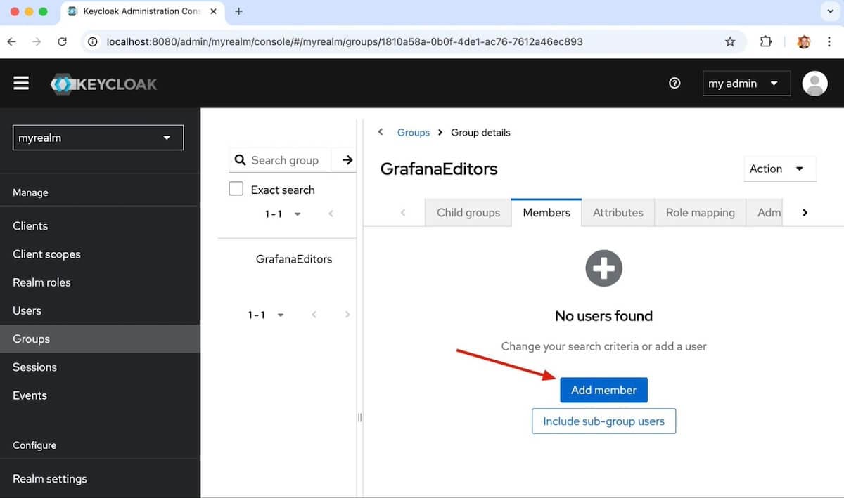A screenshot of a Keycloak window for GrafanaEditors with an arrow pointing to the Add member button