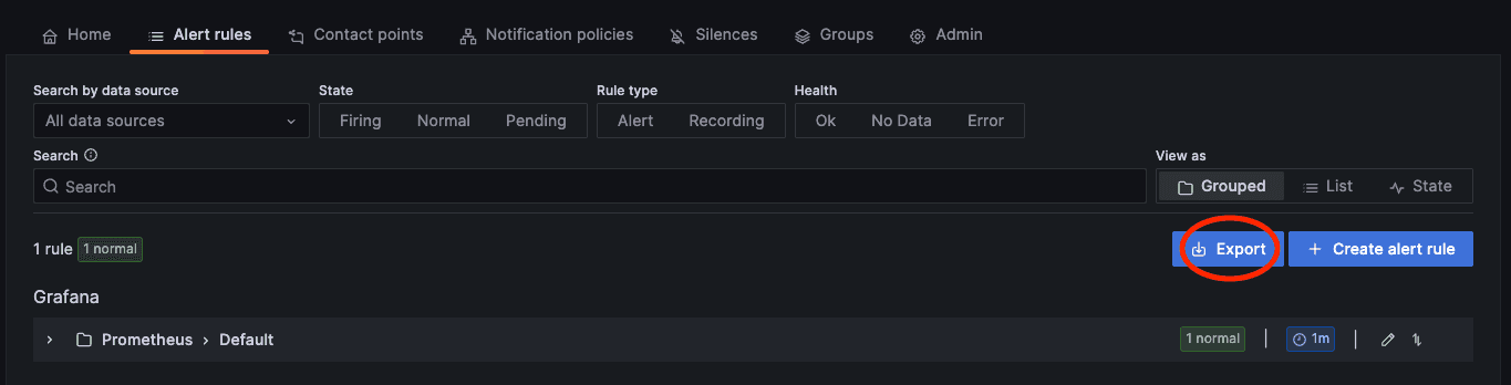 Screenshot with button highlighted used to export alert rules for provisioning in Grafana Alerting