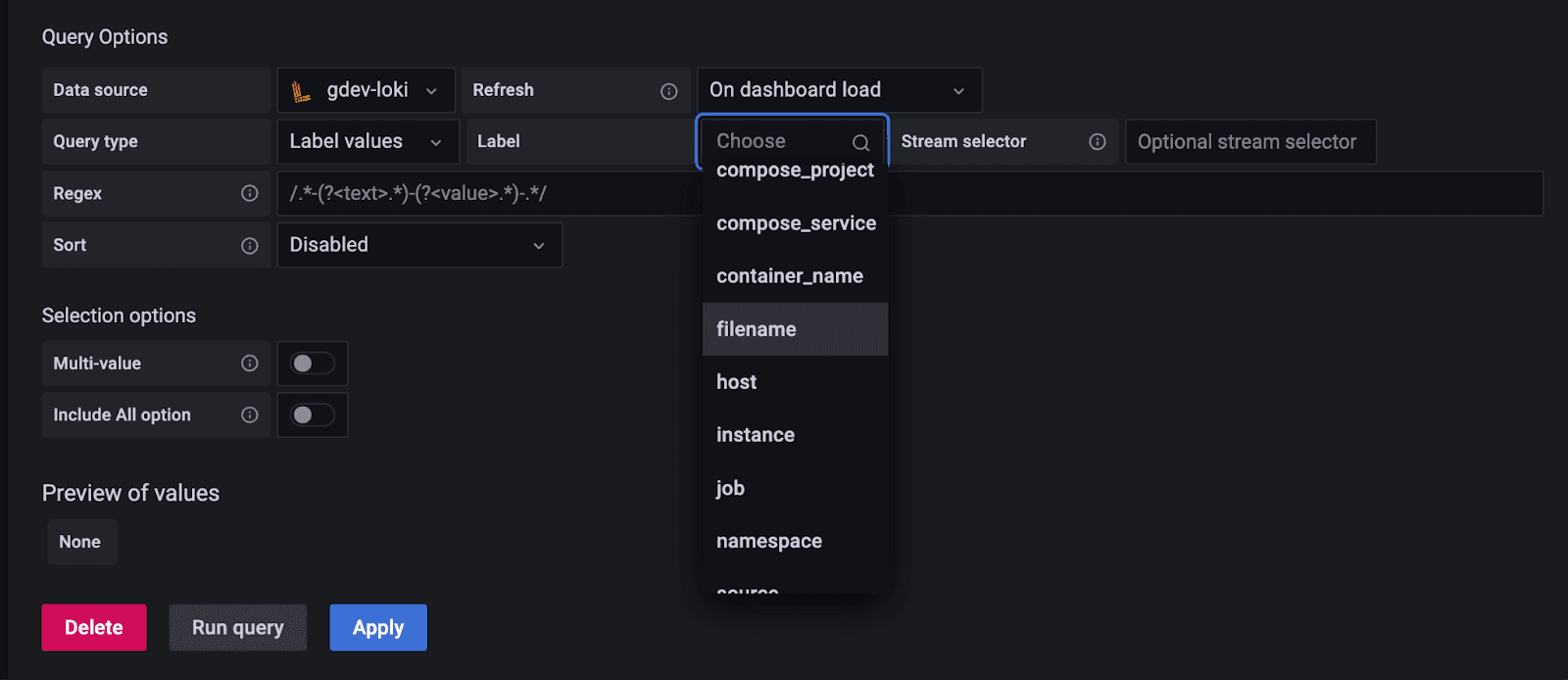 Screenshot of simplified query variable editor for Grafana Loki in Grafana 9.2.