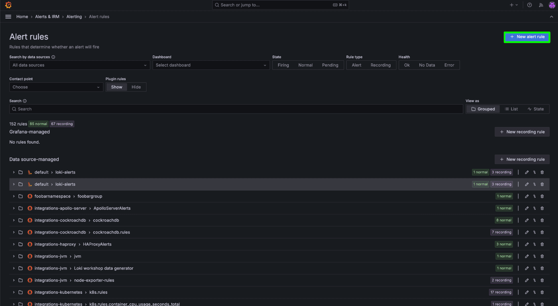 A screenshot showing where to add a new alert rule.