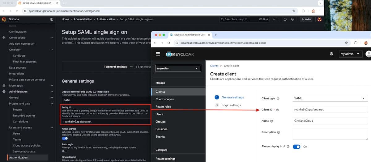A screenshot of an Entity ID in Grafana Cloud and a matching Client ID in Keycloak