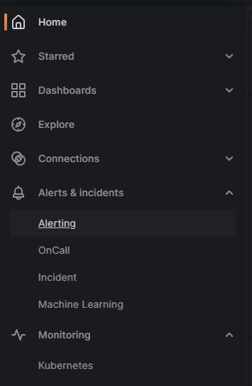 Screenshot of left navigation in Grafana Cloud