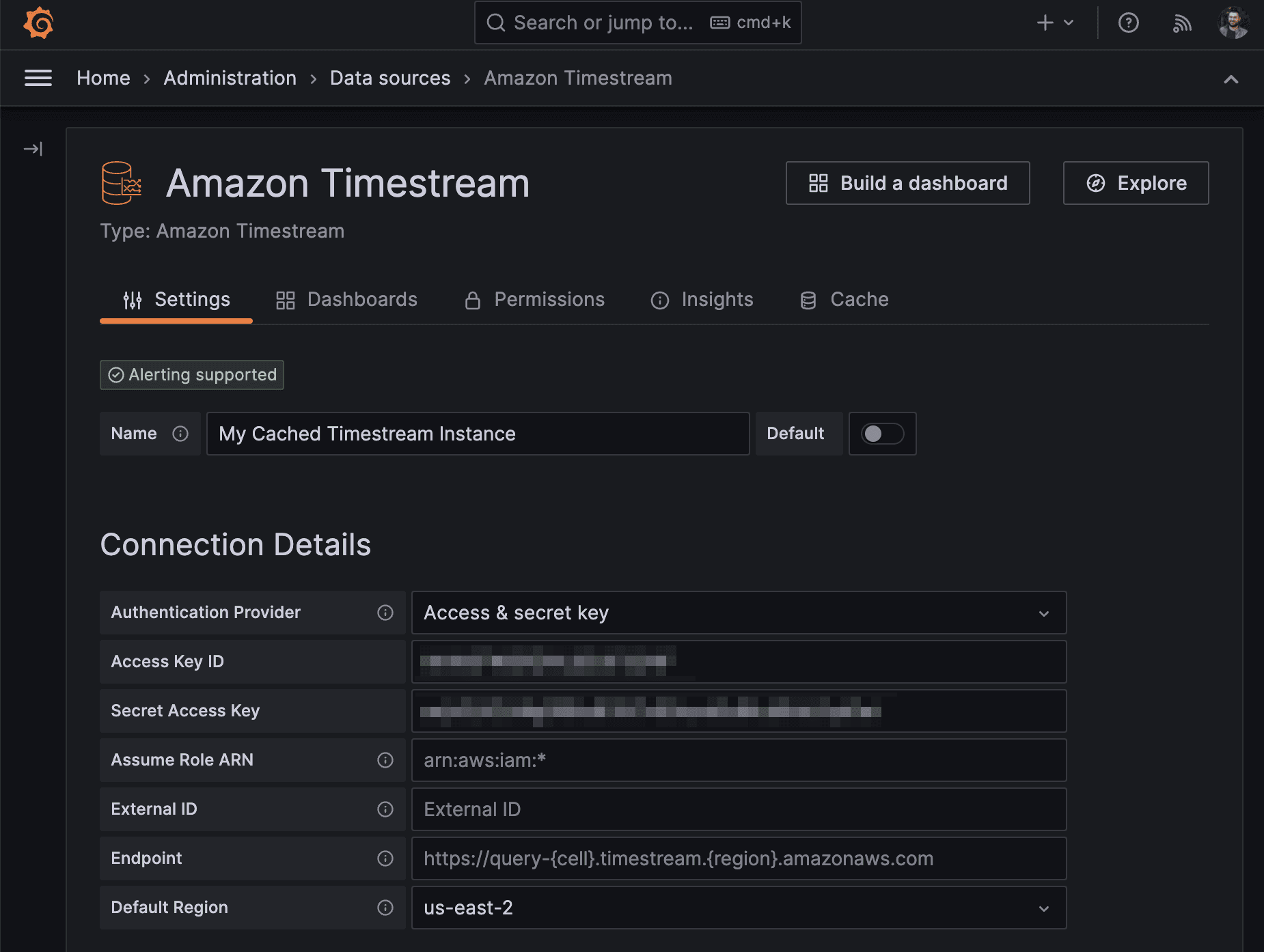 Screenshot for connection details in Grafana UI.