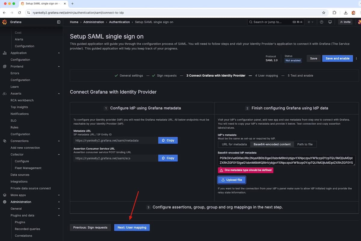 A screenshot of a Grafana Cloud window with an arrow pointing at the Next: User mapping button