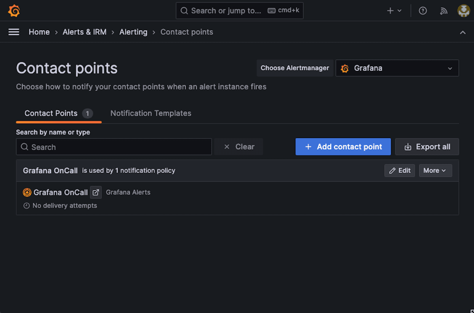 A screenshot of the Grafana settings for contact points when an alert instance fires.