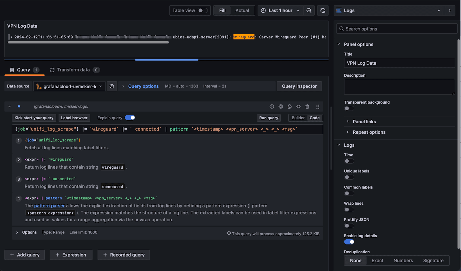 A screenshot of a Grafana query and panel configuration.