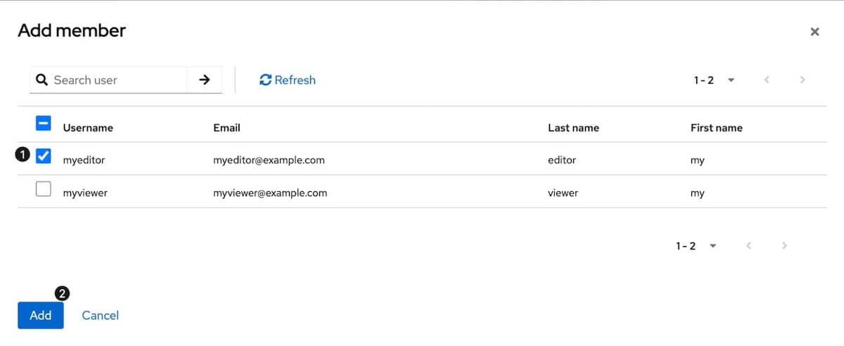 A screenshot of the Add member menu in Keycloak with myeditor selected