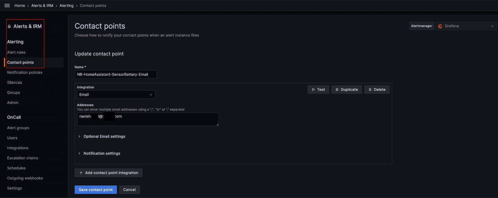 A screenshot of the Contact points settings for Grafana Alerts & IRM.
