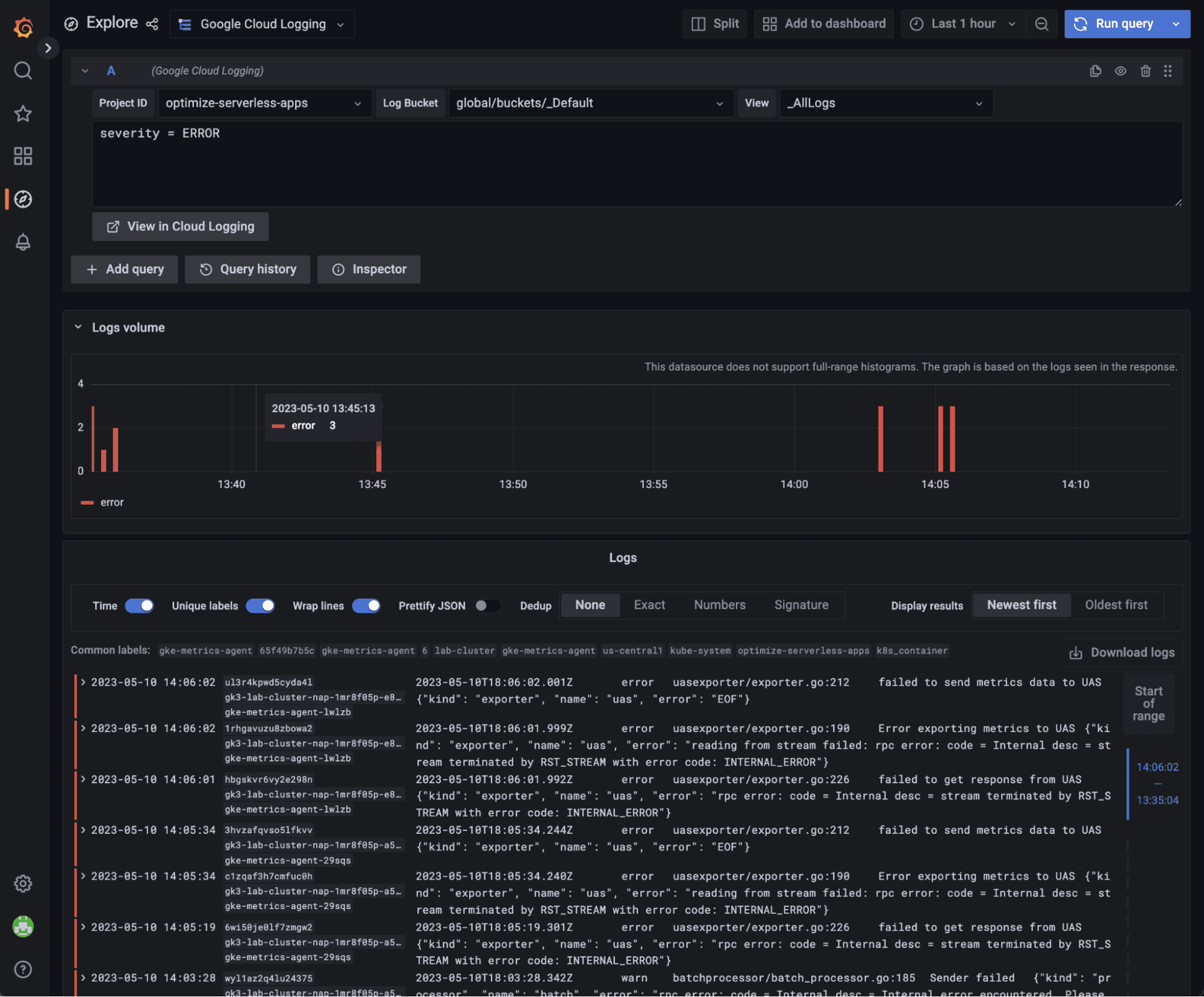 A screenshot of the Google Cloud Logging data source.