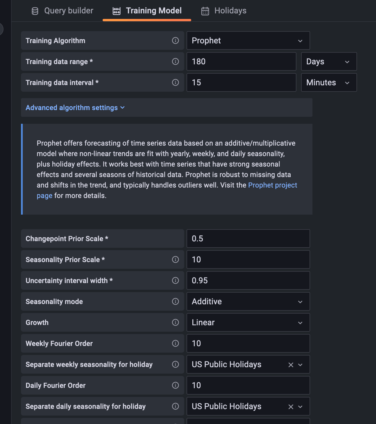 Grafana Machine Learning UI for setting up the Training Model to account for new holiday added.