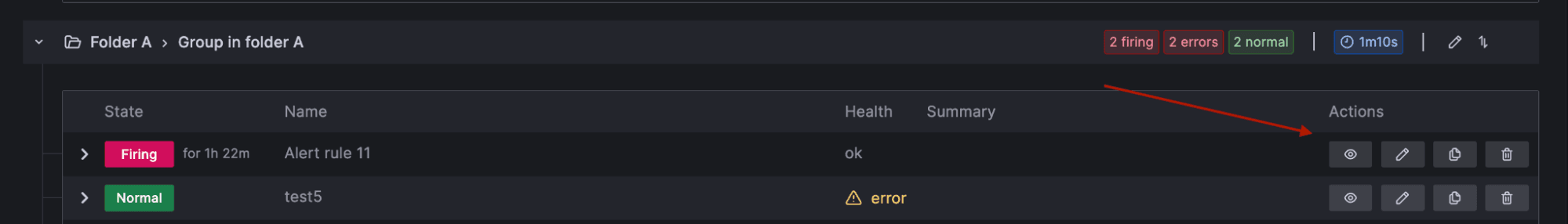 Screenshot of action buttons in Grafana Alerting