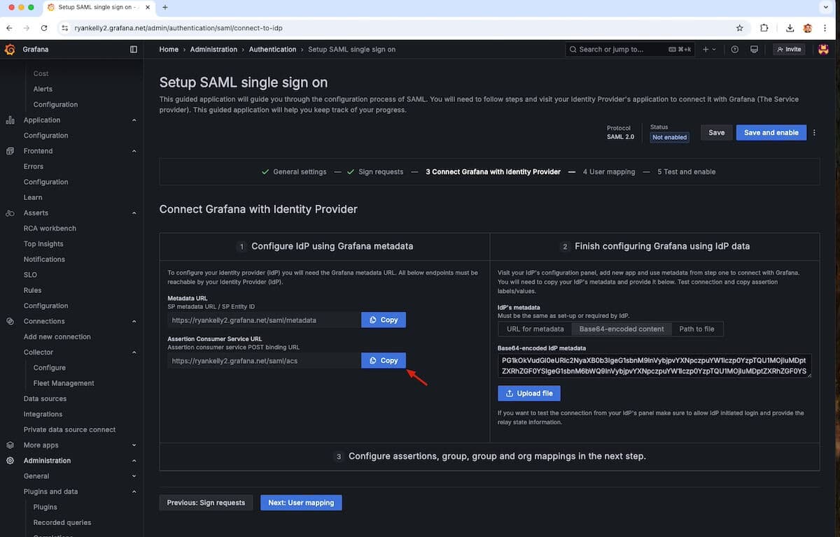 A screenshot with an arrow pointing to the Copy button in the Configure idP using Grafana metadata window
