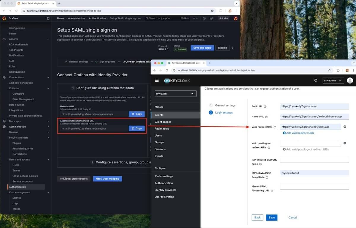 A screenshot highlighting the Assertion Consumer Service URL copy button in Grafana Cloud window and the Valid redirect URIs box in Keycloak