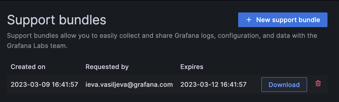 Screenshot of where to find existing support bundles in Grafana