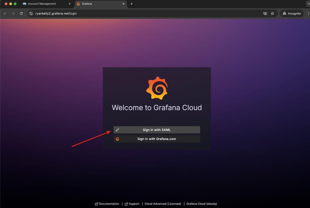 A screenshot of the Grafana Cloud welcome page with an arrow pointing to Sign in with SAML