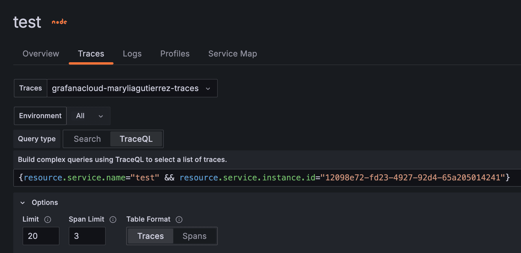 A screenshot of the Traces tab.